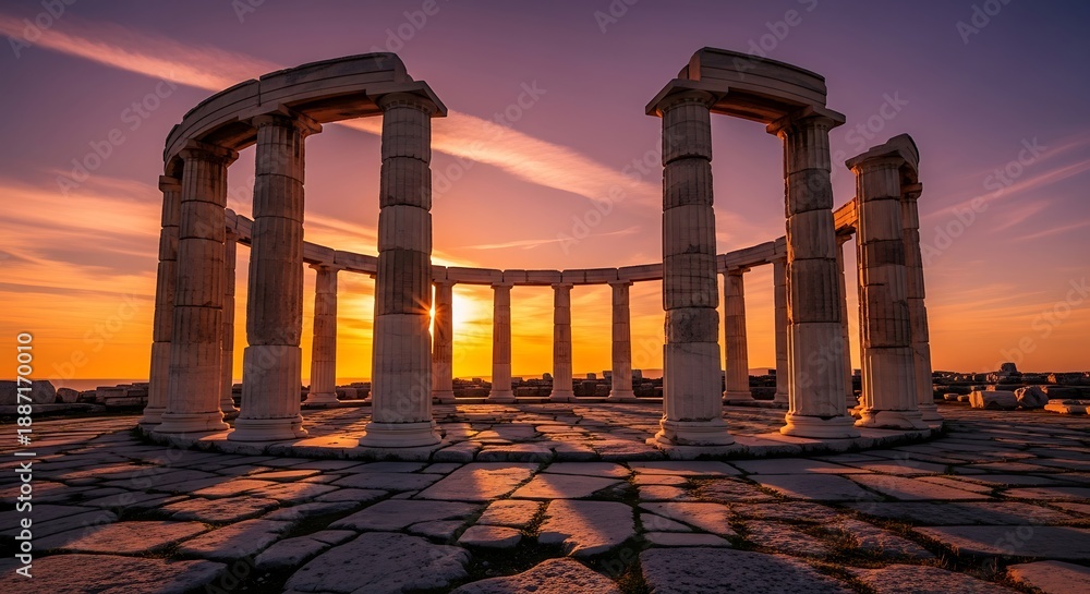 Fototapeta premium Ancient stone columns of a circular ruin frame a vibrant sunset over the horizon