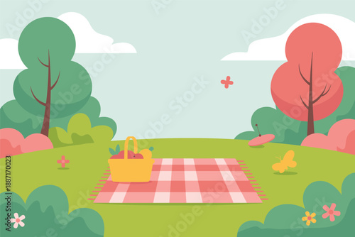 Relaxing Outdoor Picnic Scene in a Flat Design Park, leisure lifestyle concept