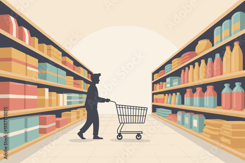 Silhouette of a Shopper in a Grocery Store Aisle, consumer behavior concept