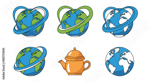 Set of globe icons with different styles and a teapot illustration
