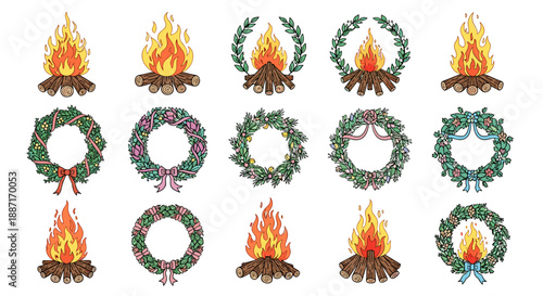 Set of decorative christmas wreaths and flames for holiday celebration