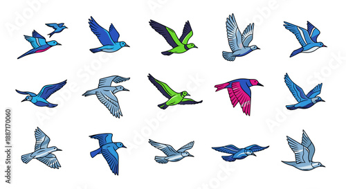 Collection of colorful flying birds in various positions and colors