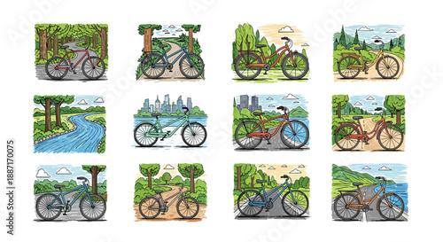 Collection of vintage bicycles in various outdoor scenic settings