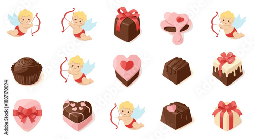 Cute cherubs with bows and chocolates for romantic celebration