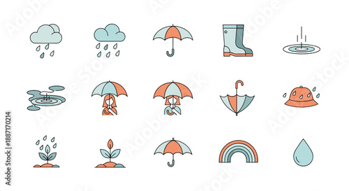 Collection of weather and outdoor elements including rain umbrella and sun