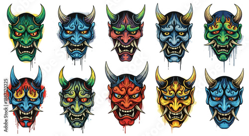 Collection of colorful traditional japanese demon masks with intricate designs