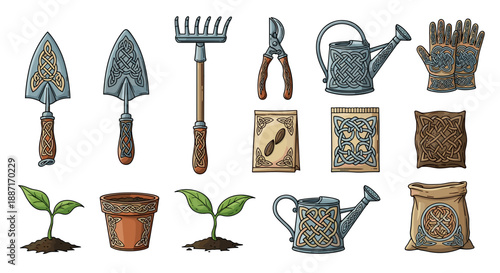 Collection of gardening tools and plants