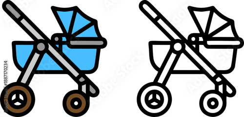 Blue Baby Stroller Pram Flat and Outline Icon
