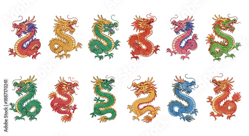 Set of colorful dragon and dollar sign illustrations in various styles
