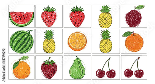 Collection of fresh colorful fruits including watermelon strawberry pineapple orange cherry and pear