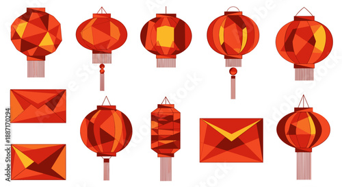 Set of red chinese lanterns with gold accents for celebration