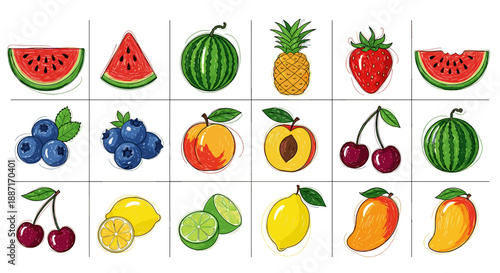 Collection of colorful fresh fruits including watermelon berries and citrus