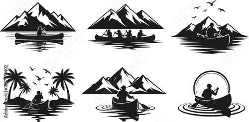 Canoeing and kayaking adventure silhouettes with mountains, lakes, and nature scenes, outdoor exploration black vector illustration set isolated on white background