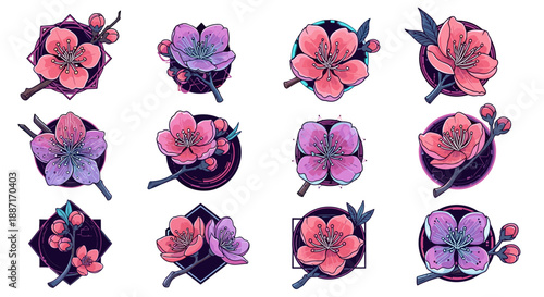 Collection of watercolor pink and purple flowers with leaves