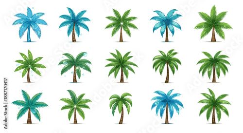 Collection of various palm trees with green and blue leaves