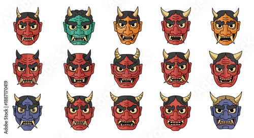Collection of colorful traditional japanese demon masks with fierce expressions