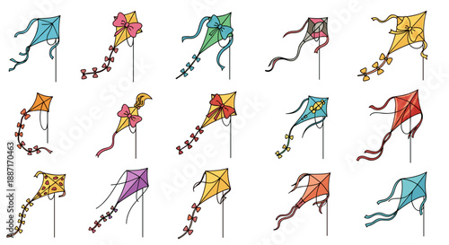 Collection of colorful traditional kites flying in the sky