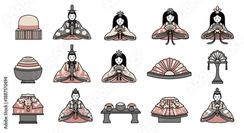 Collection of traditional asian dolls dressed in colorful costumes and accessories