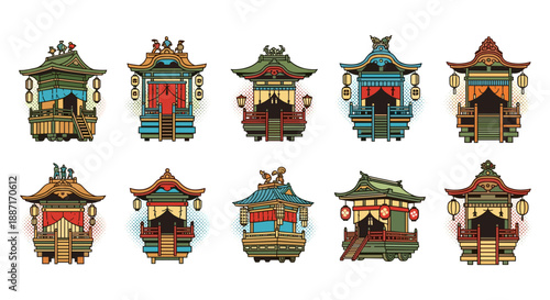 Collection of traditional asian temple buildings with intricate designs