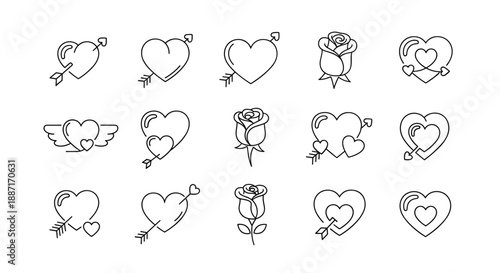 Collection of line art hearts and roses illustrations for romantic design