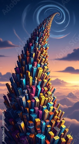 Towering mass of stylized, multicolored high-rise structures ascends into a swirling vortex above the clouds at sunset