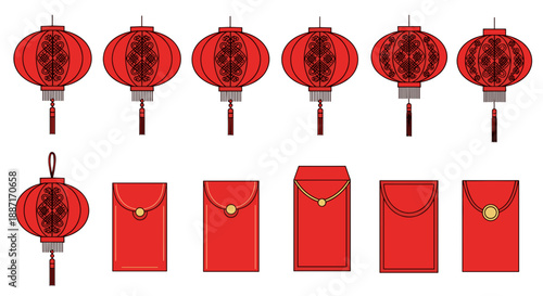 Collection of red chinese lanterns and envelopes for celebration
