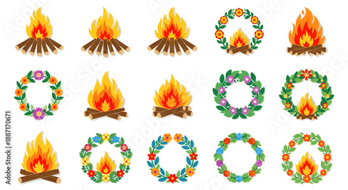 Collection of colorful christmas wreaths and festive campfire scenes