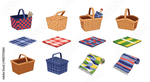 Collection of empty woven baskets with different colors and styles