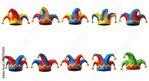 Collection of colorful jester hats with bells and vibrant patterns