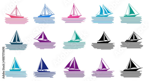 Collection of colorful sailboats water in various shades and styles