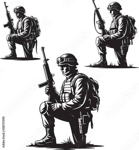 Silhouette of soldiers in combat positions repeated four times