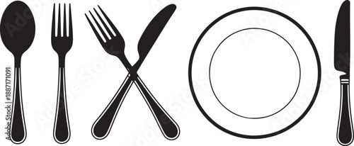 Black cutlery and plate white background isolated desig
