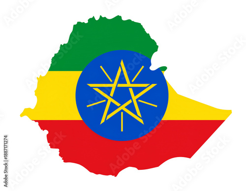 Map of Ethiopia Silhouette with National Flag Tri-color and Pentagram Emblem Isolated on White background