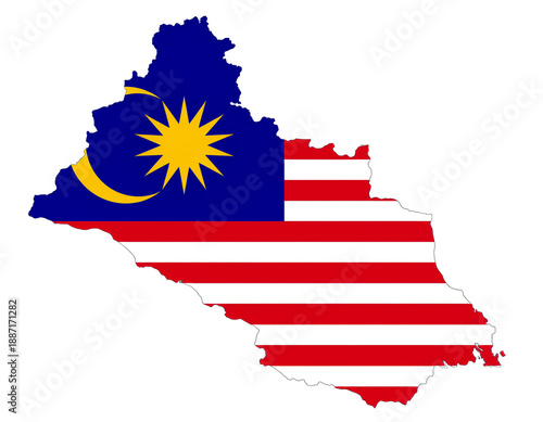 Map of Malaysia Silhouette with National Flag Stripes and Crescent Moon Icon Isolated on White