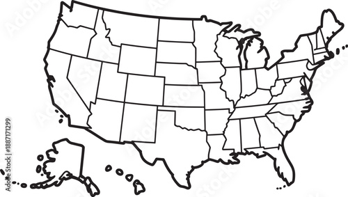 Black outline of United States map with state borders white background
