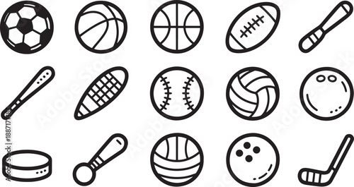 Black silhouettes of twelve sports on white background balls equipment