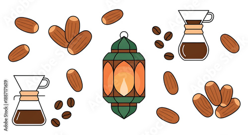 Warm lantern glows amid coffee and dates, inviting a moment of reflection and refreshment.