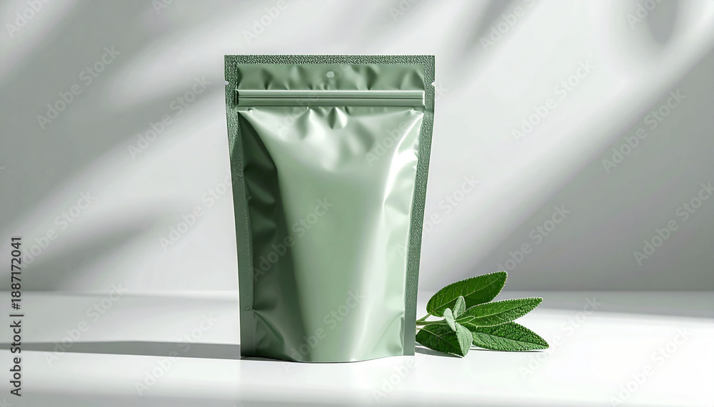 Naklejka premium Green stand-up pouch packaging with fresh sage leaves on a white surface, featuring natural light and leaf shadows.
