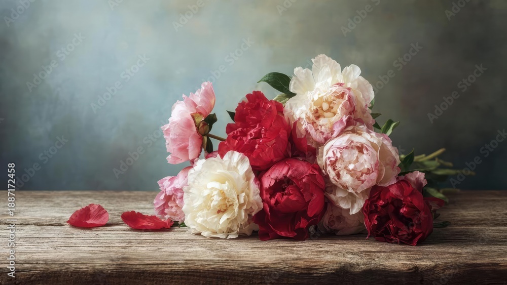 Fototapeta premium Bouquet of pink, red, and white peonies on a rustic wooden table. Concept Peony bouquet, Pink flowers, Red flowers, White flowers, Rustic wooden table