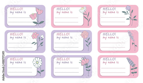 Notebook labels with cute kids icons of flowers, colorful design, template for school book labels. Set bright name stickers for notebook. Back to school labels. Name and Class