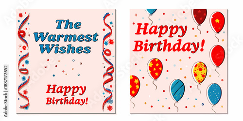 Colorful birthday cards featuring balloons confetti and festive greetings