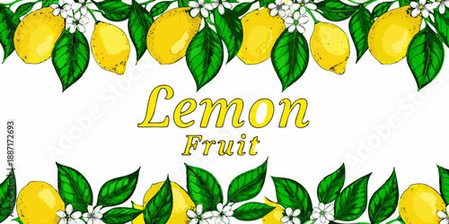 A vibrant illustration featuring lemons leaves and delicate white blossoms