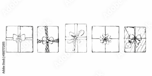 A series of sketch style gift boxes each uniquely decorated with bows