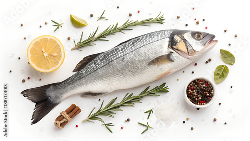  Fresh Sea Bass with rosemary, lemon, and spices for gourmet cooking