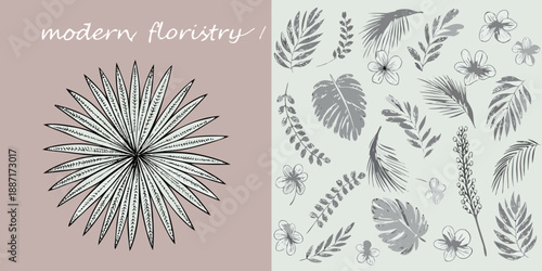 Modern floral design featuring sketched tropical leaves and delicate botanical illustrations
