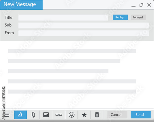 Email page interface Email message template. Mockup blank mail screen window. Browser interface with with send form of mail box.