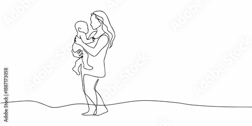 A continuous line drawing depicts a mother tenderly holding her baby