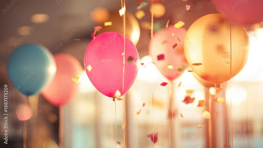 Fototapeta premium Colorful balloons in pink, blue and gold float indoors as confetti showers down for a festive party. Concept Indoor party balloons in pink blue and gold, Confetti shower for a festive party