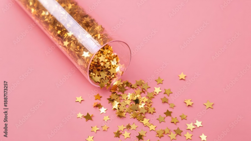 Fototapeta premium Pink tube spilling gold star confetti onto a pink background Concept Confetti Burst, Gold Star Confetti, Pink Backdrop, Party Glam, Celebration Moment