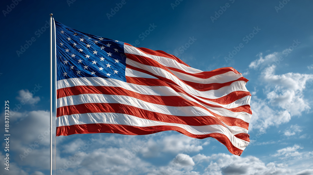 Obraz premium United States of American flag waving in blue sky